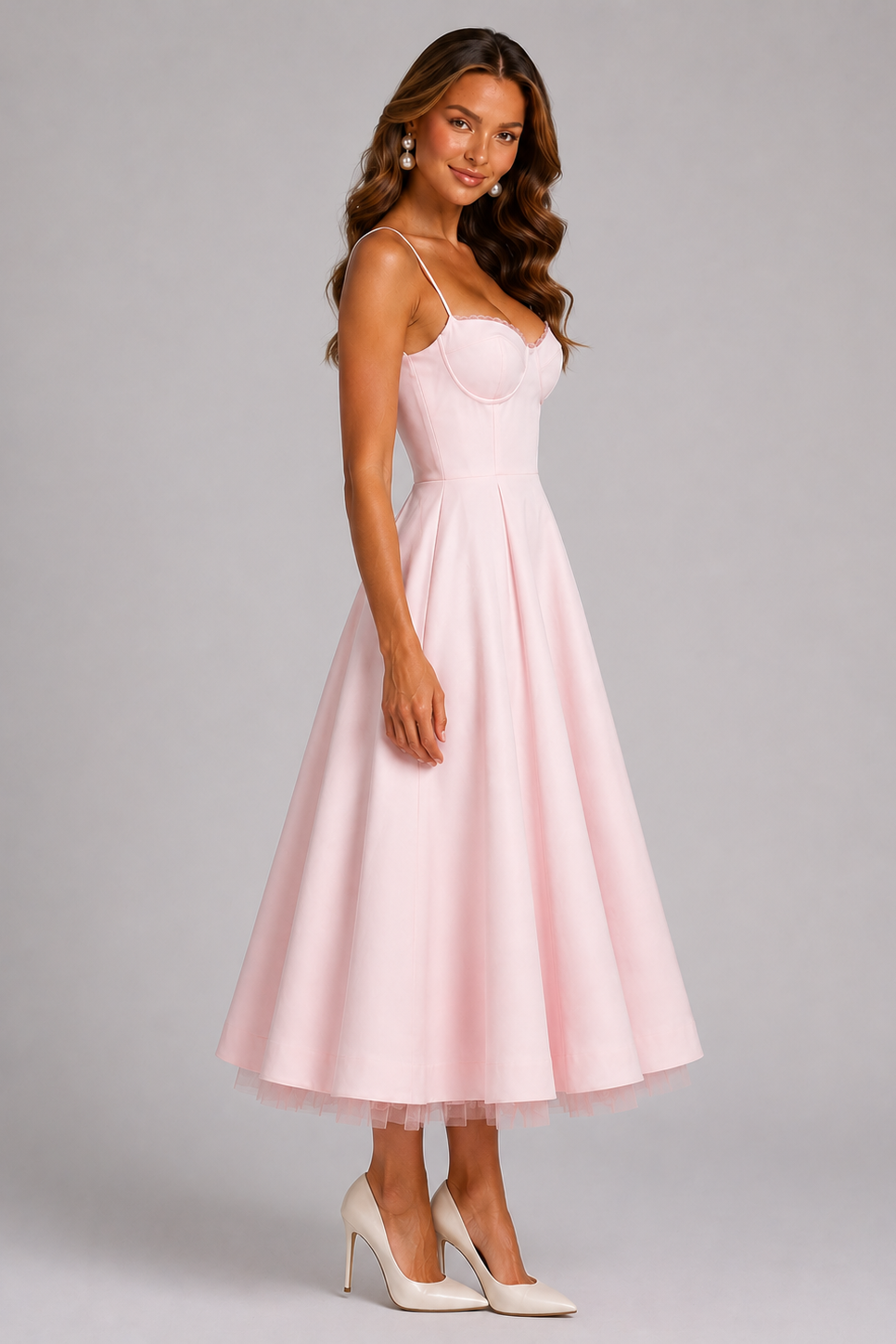 Satin Midi Dress with Sweetheart Neckline and Full Skirt