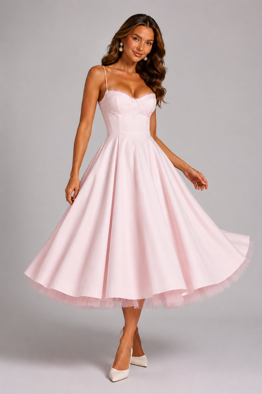 Satin Midi Dress with Sweetheart Neckline and Full Skirt