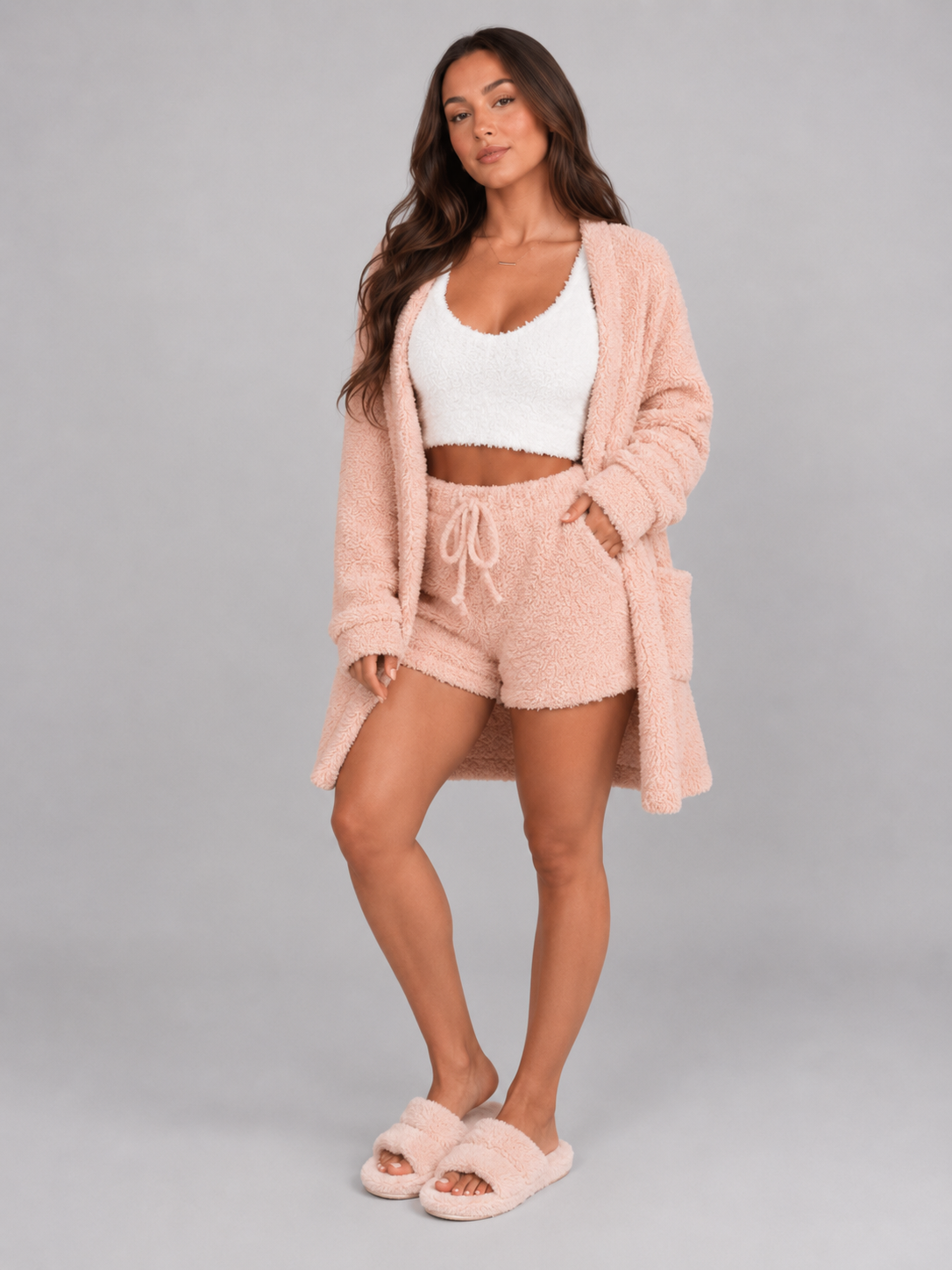Women's Plush Lounge Set | Cropped Cami, Shorts & Hooded Robe