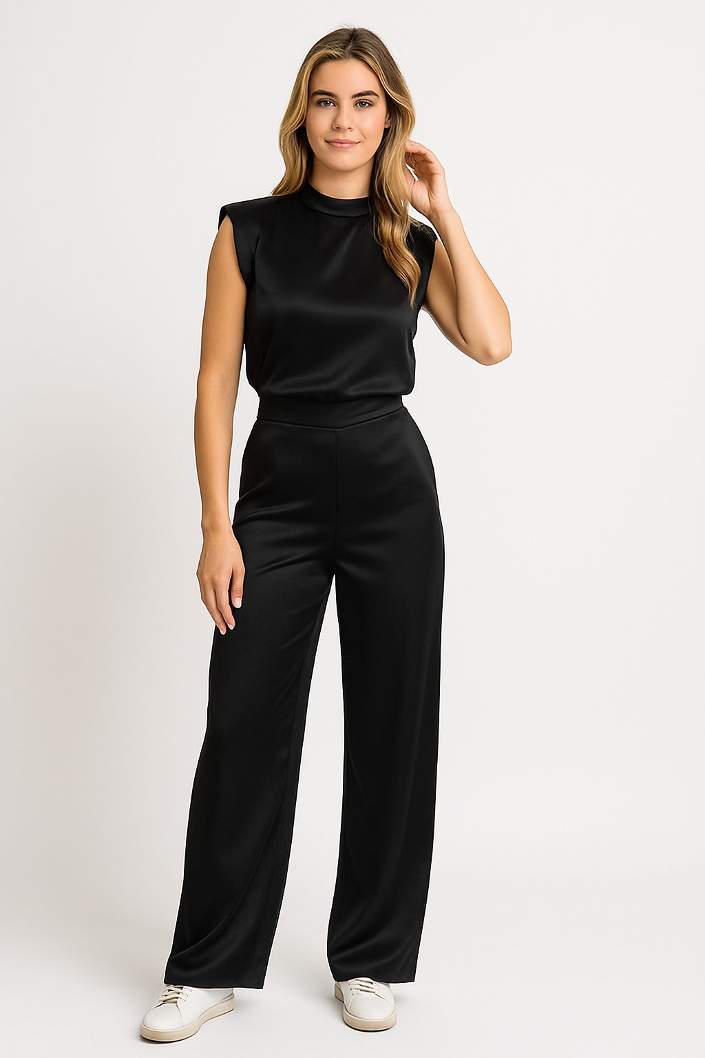 Sleeveless Wide Leg Jumpsuit with Mock Neck