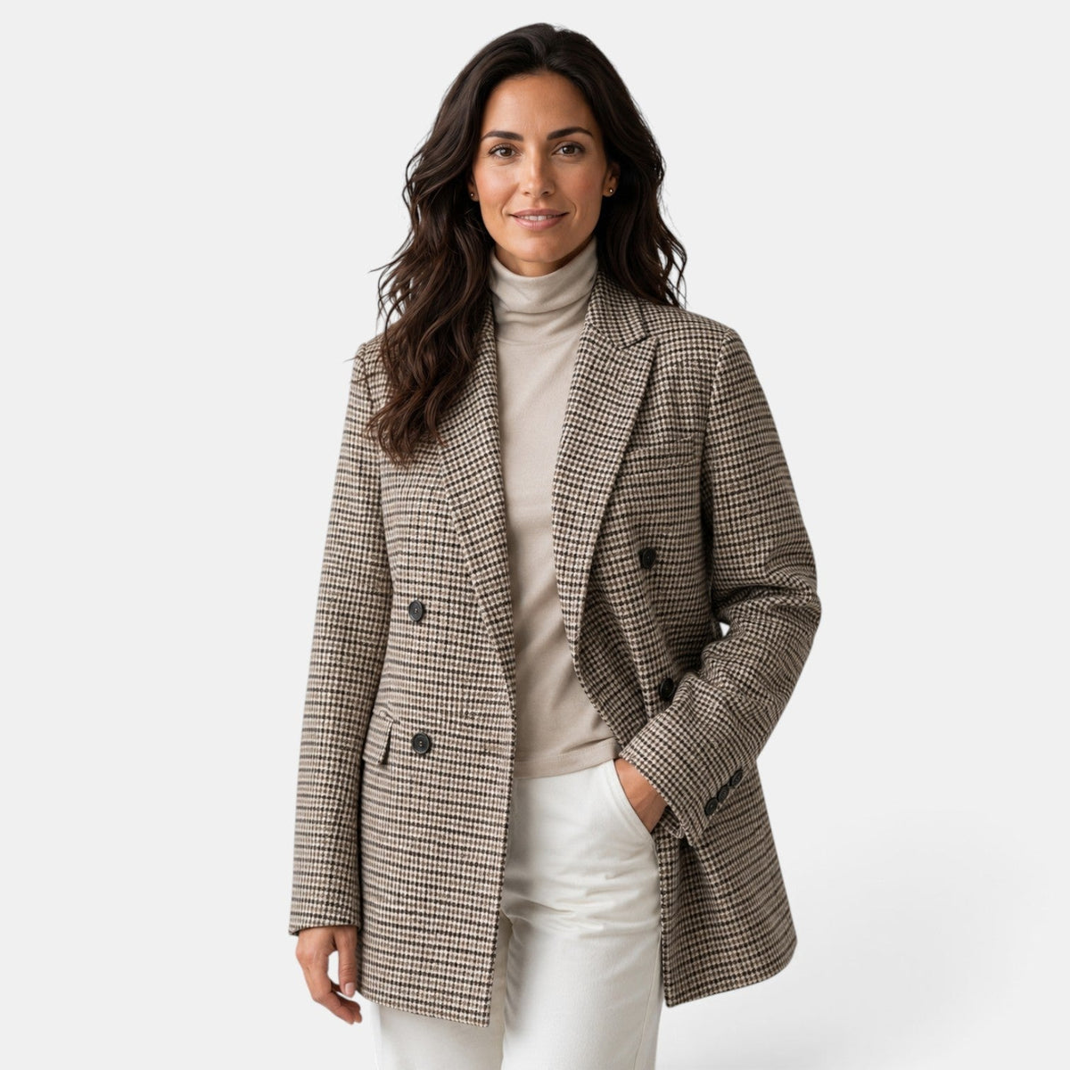 Blazer long à carreaux croisé pour femme