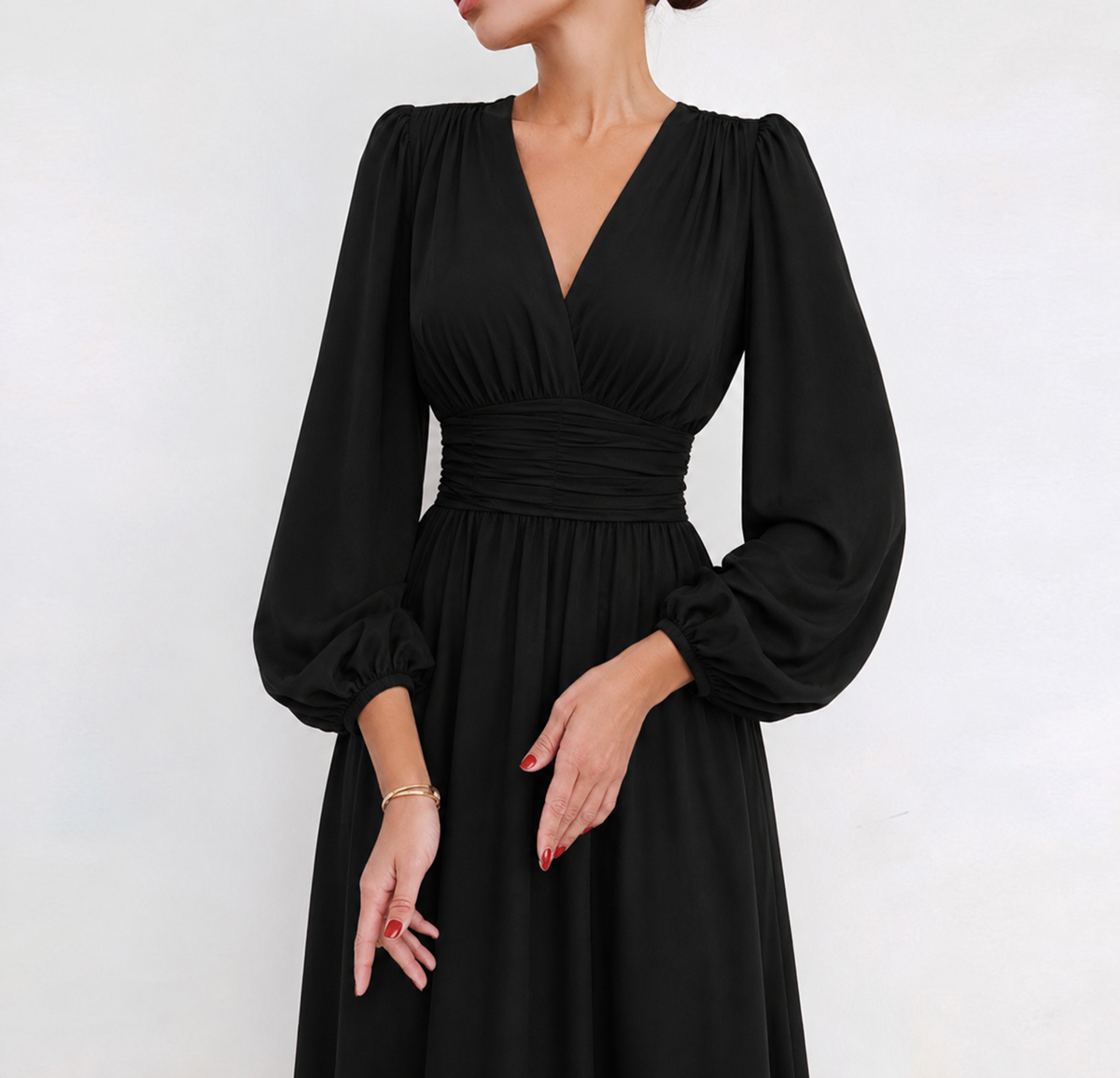 Women's V-Neck Button Front Long Sleeve Midi Dress