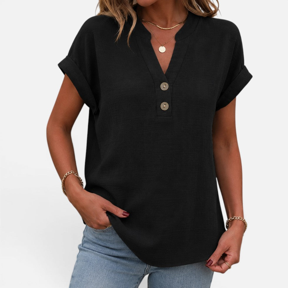 Women's V-Neck Short Sleeve Blouse with Button Detail