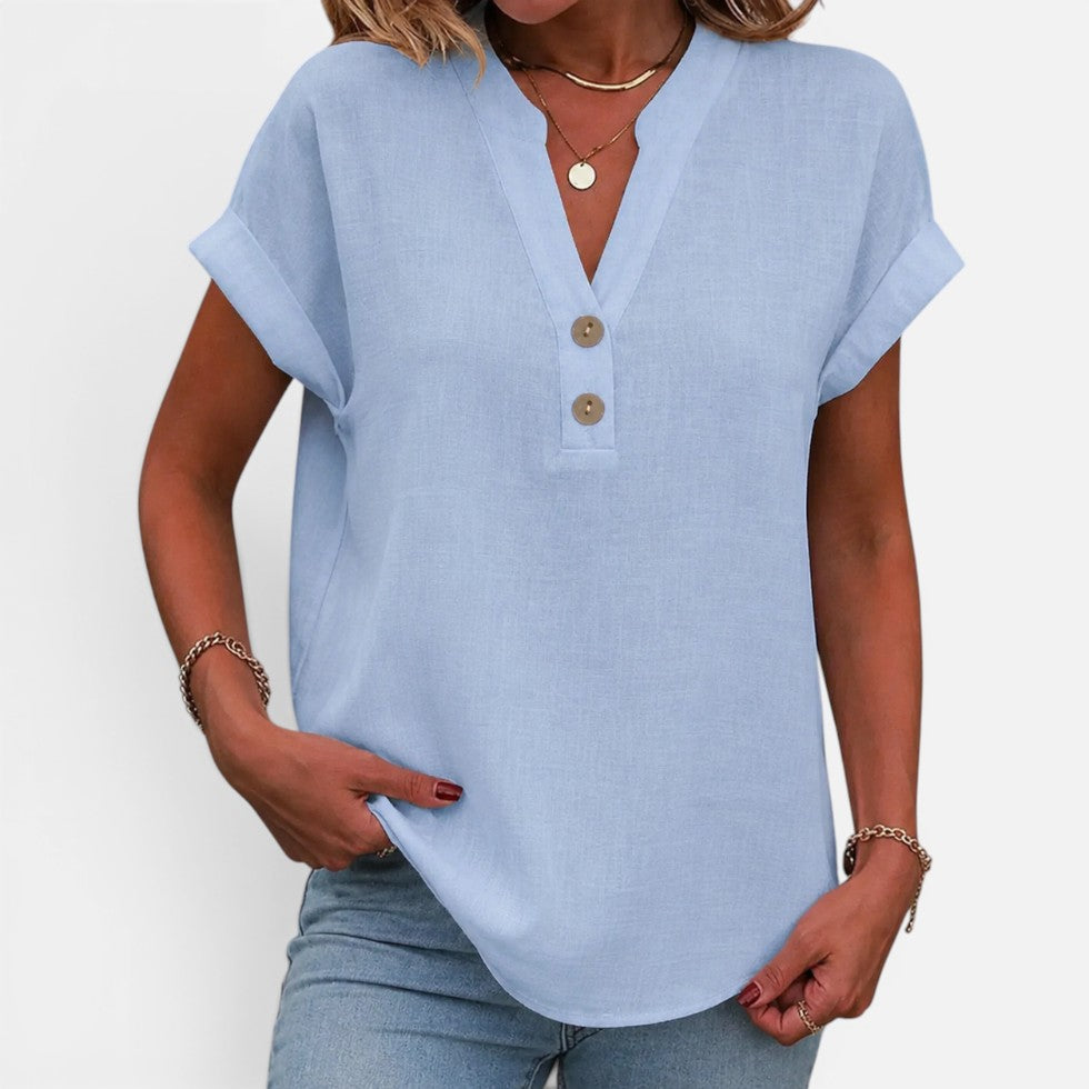 Women's V-Neck Short Sleeve Blouse with Button Detail