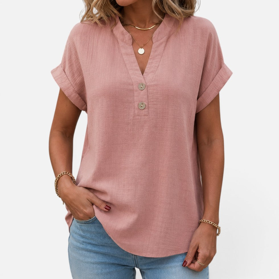 Women's V-Neck Short Sleeve Blouse with Button Detail