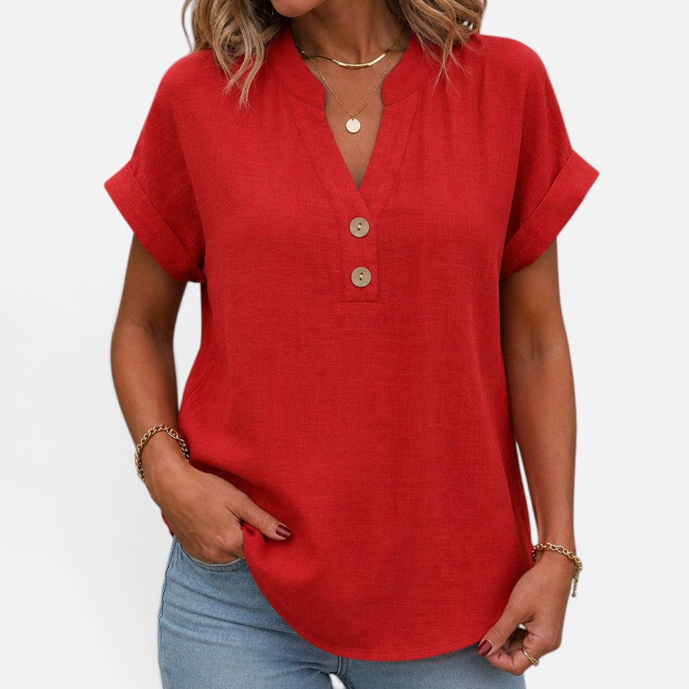 Women's V-Neck Short Sleeve Blouse with Button Detail