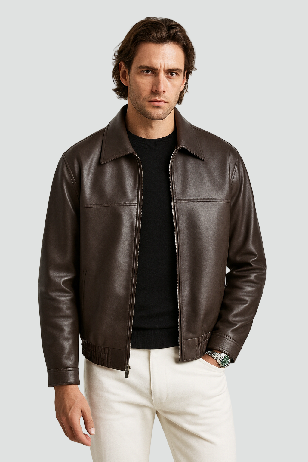 Blouson aviateur classique pour homme, style cuir, zippé avec col