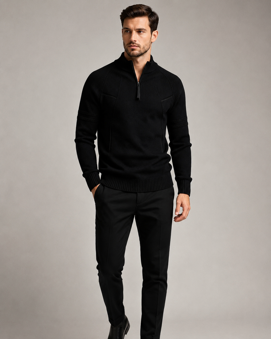 Men's Half-Zip Knit Jumper with Ribbed Hem