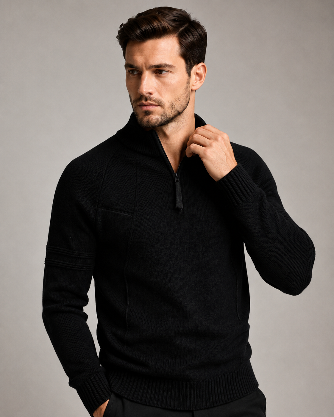 Men's Half-Zip Knit Jumper with Ribbed Hem