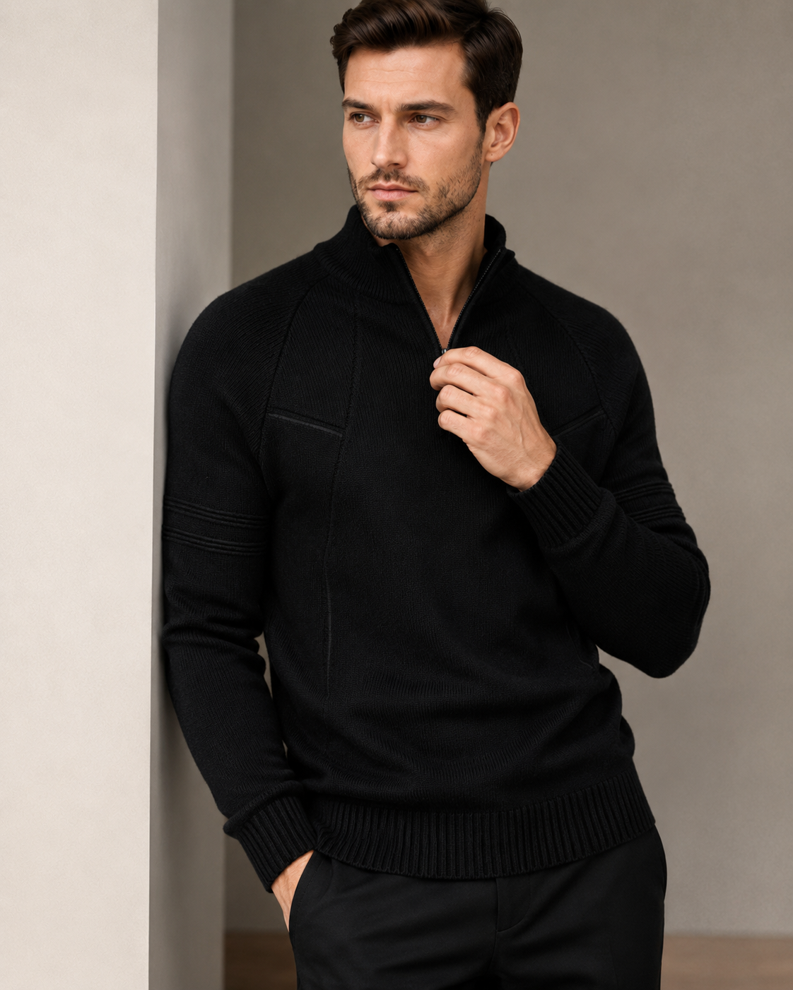 Men's Half-Zip Knit Jumper with Ribbed Hem