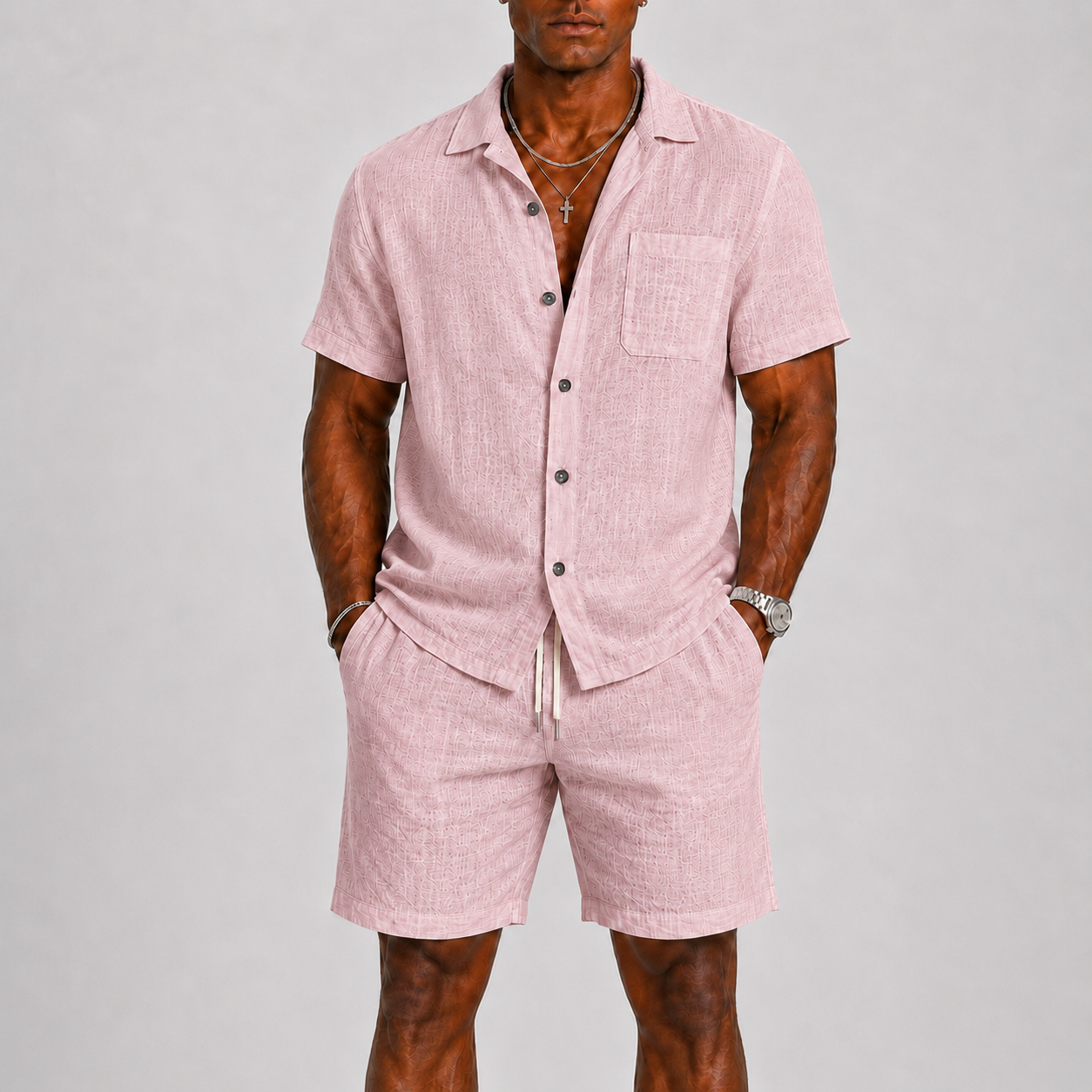 Men's Cotton Blend Short Sleeve Shirt and Shorts Set