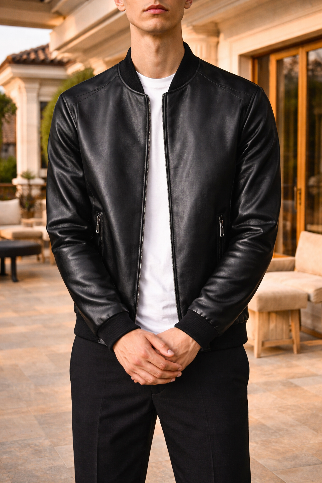Men’s Faux Leather Bomber Jacket