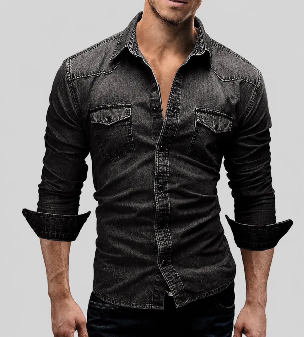 Chemise en jean ajustée pour homme | Chemise décontractée à manches longues