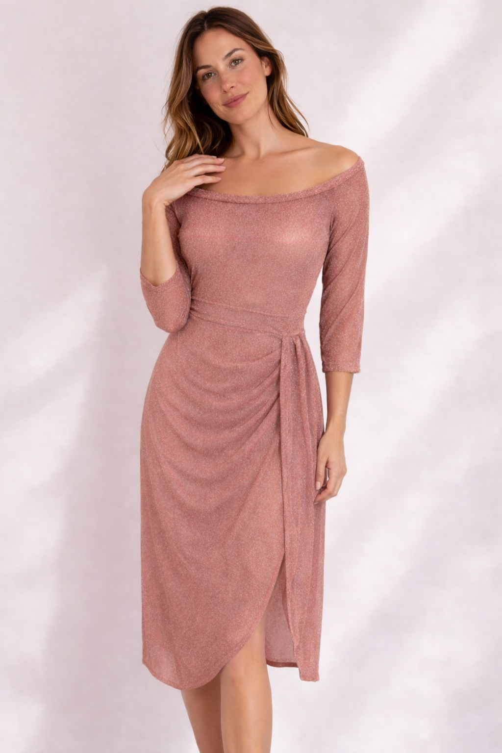 Off-Shoulder Wrap Midi Dress with Draped Skirt