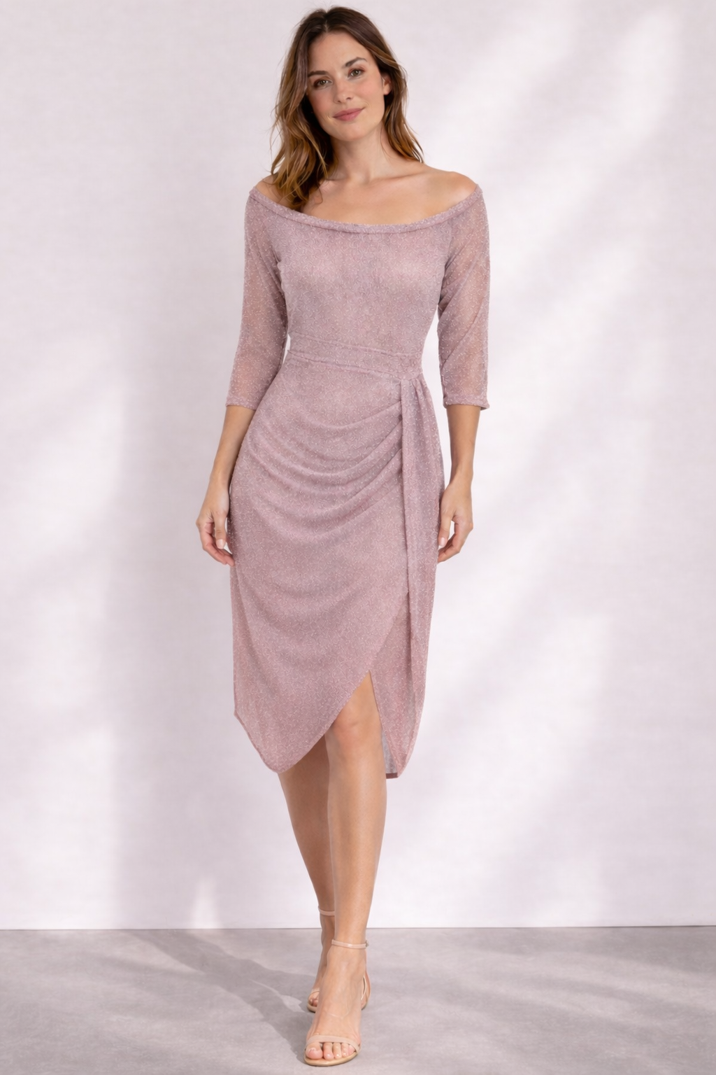 Off-Shoulder Wrap Midi Dress with Draped Skirt