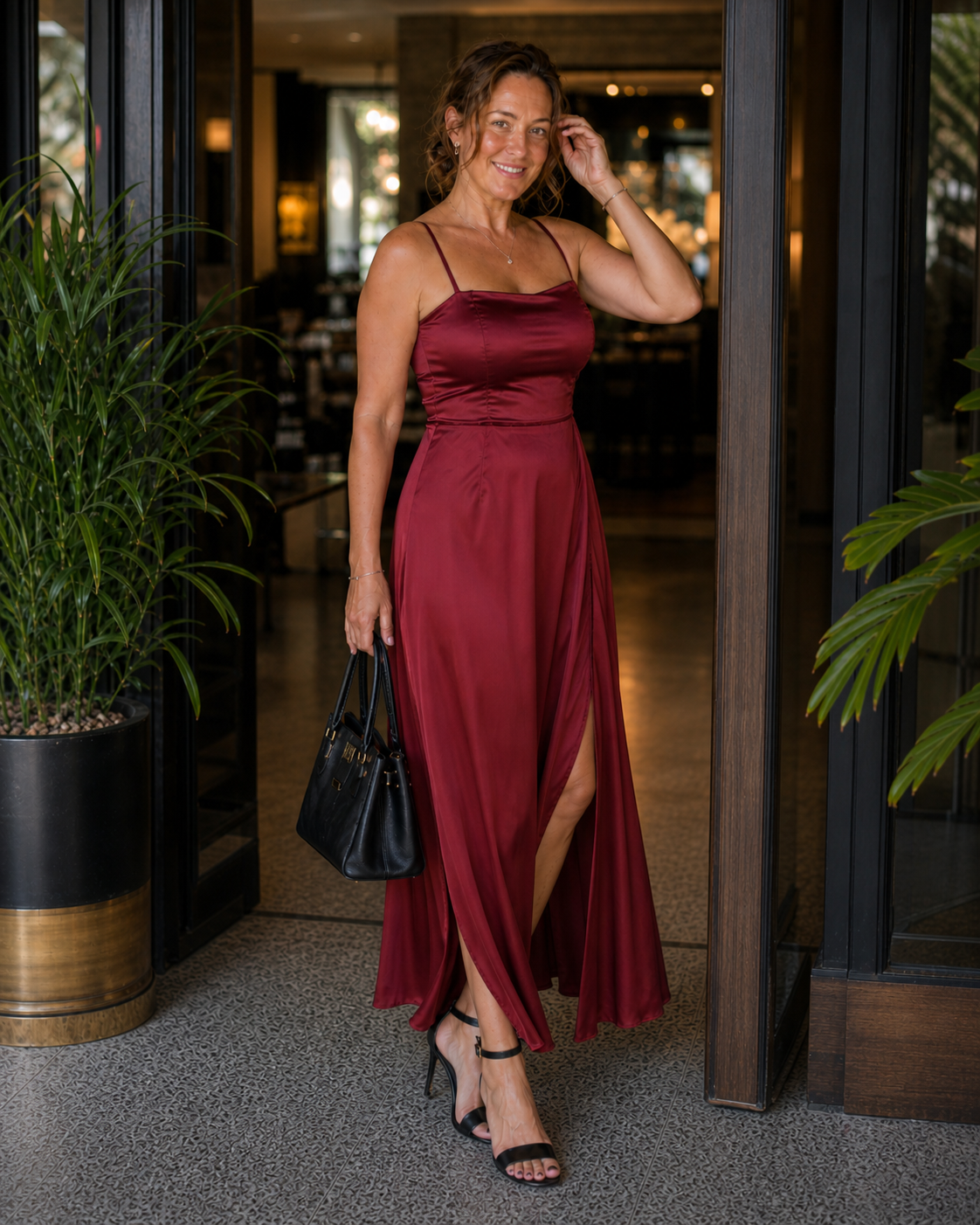 Satin Slip Dress with Cowl Neck and Side Slit