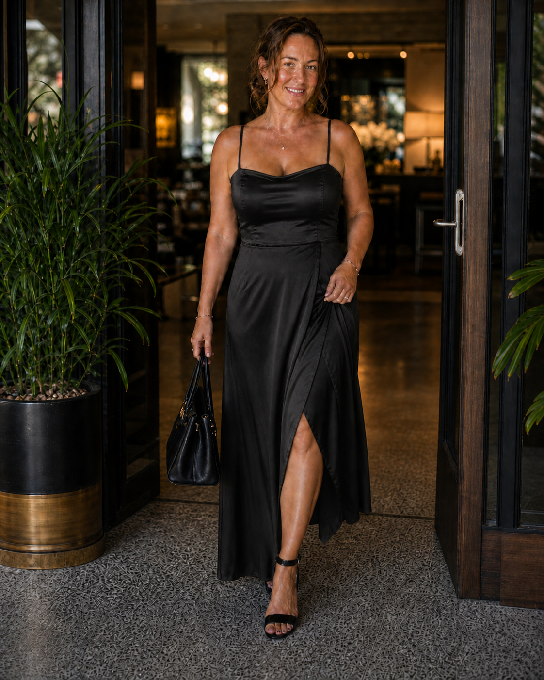 Satin Slip Dress with Cowl Neck and Side Slit