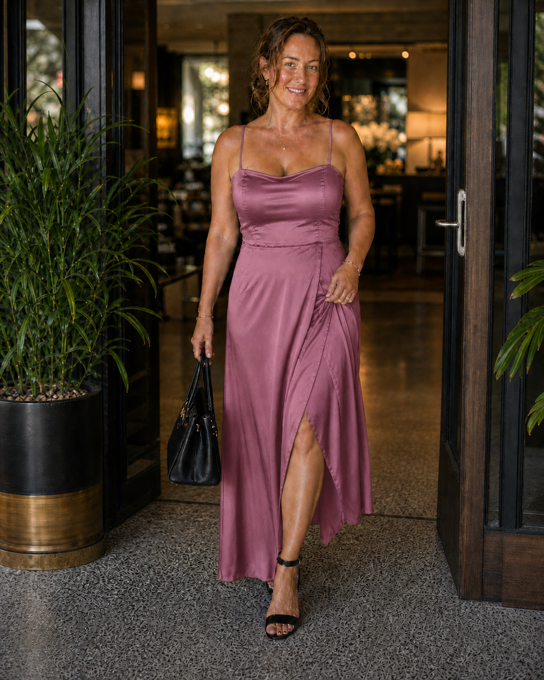 Satin Slip Dress with Cowl Neck and Side Slit
