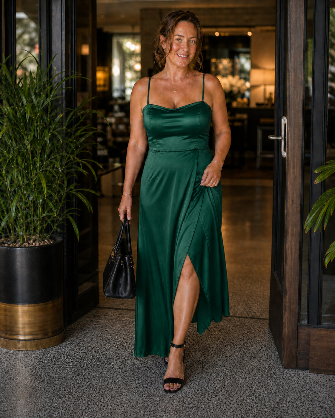 Satin Slip Dress with Cowl Neck and Side Slit