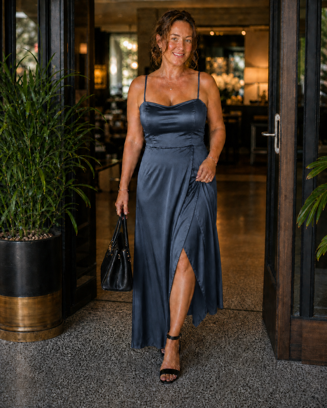 Satin Slip Dress with Cowl Neck and Side Slit