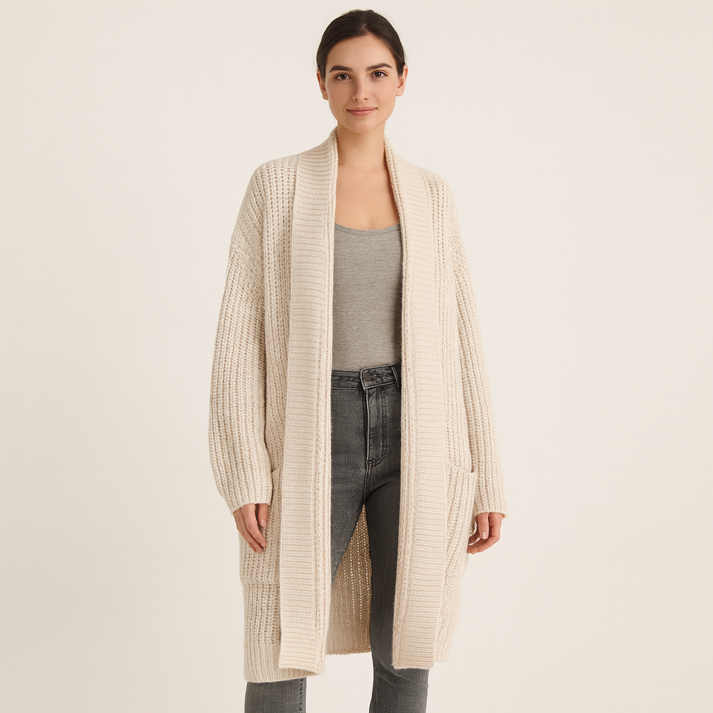 Women's Long Chunky Knit Open-Front Cardigan with Pockets