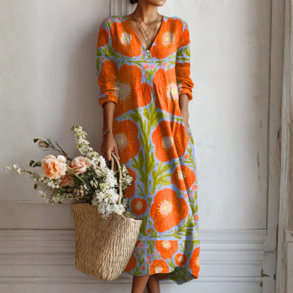 Floral Print Midi Dress with V-Neckline