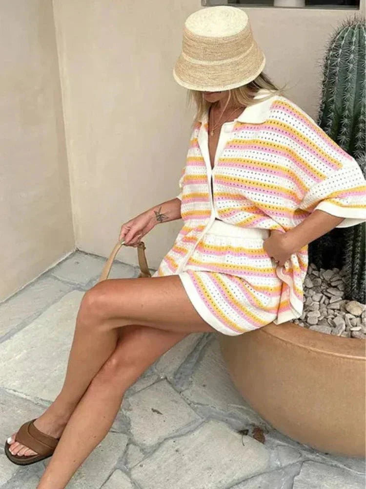 Striped Knit Two-Piece Shirt and Shorts Set