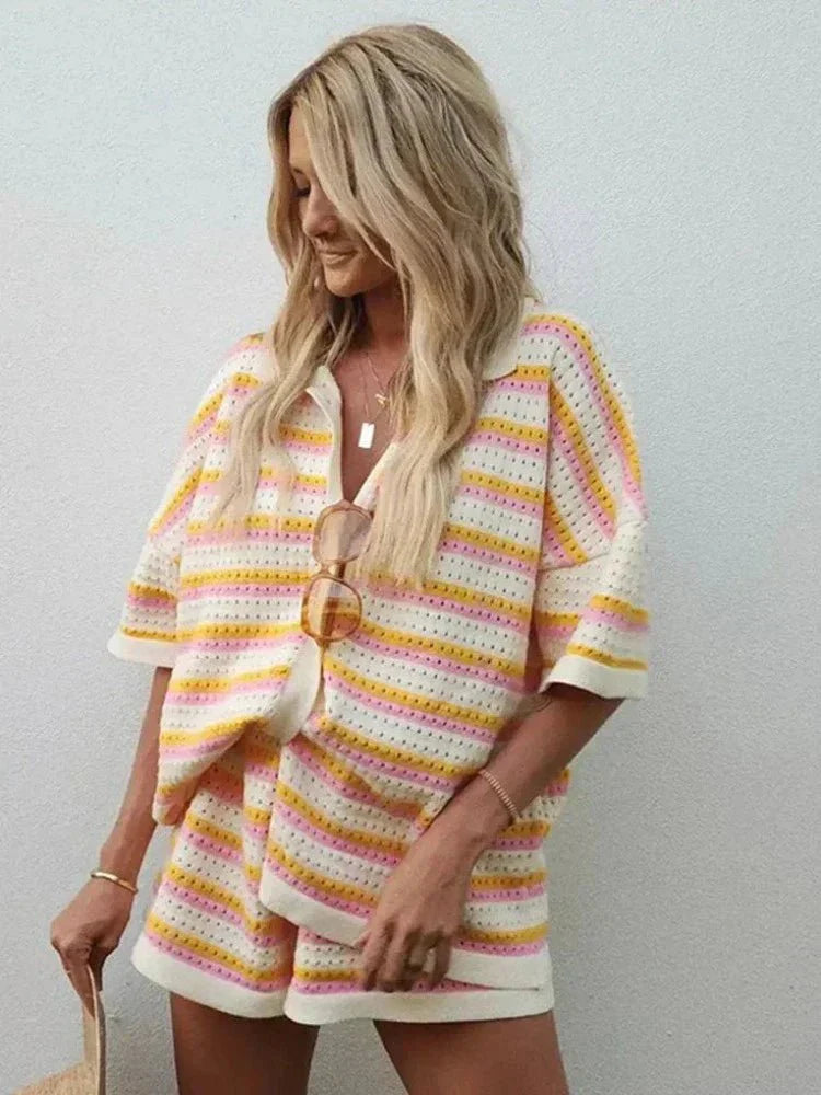 Striped Knit Two-Piece Shirt and Shorts Set