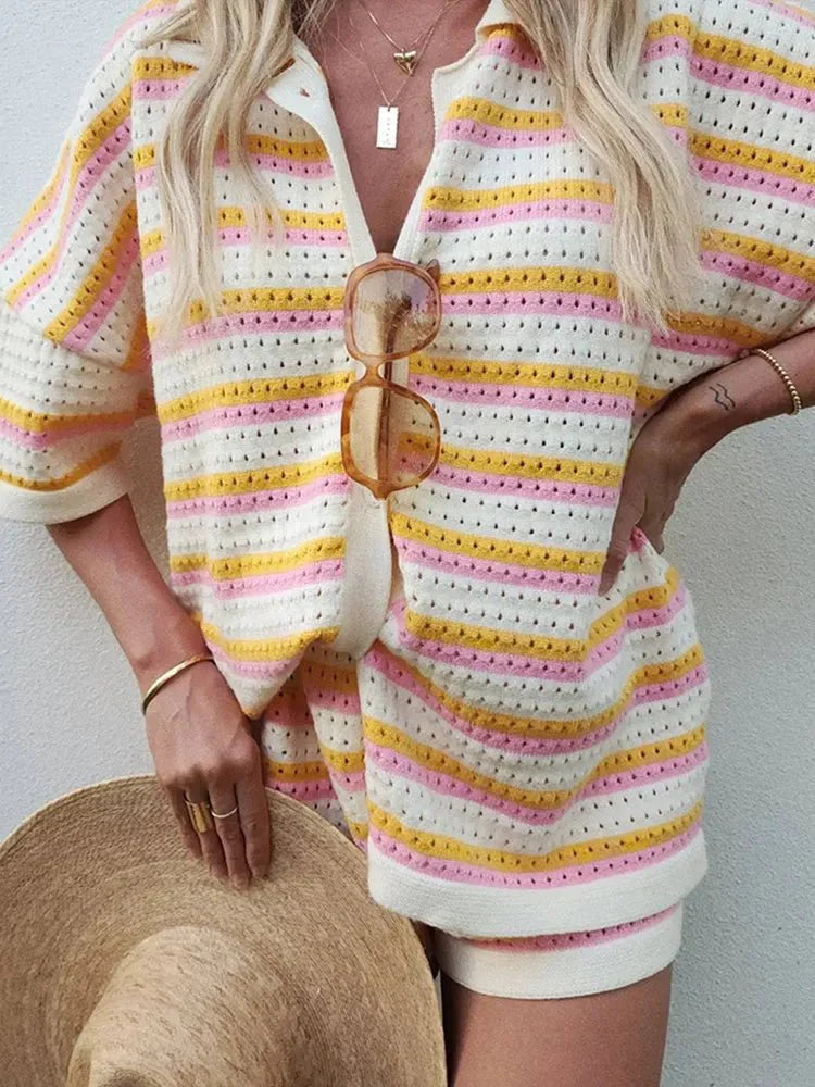 Striped Knit Two-Piece Shirt and Shorts Set