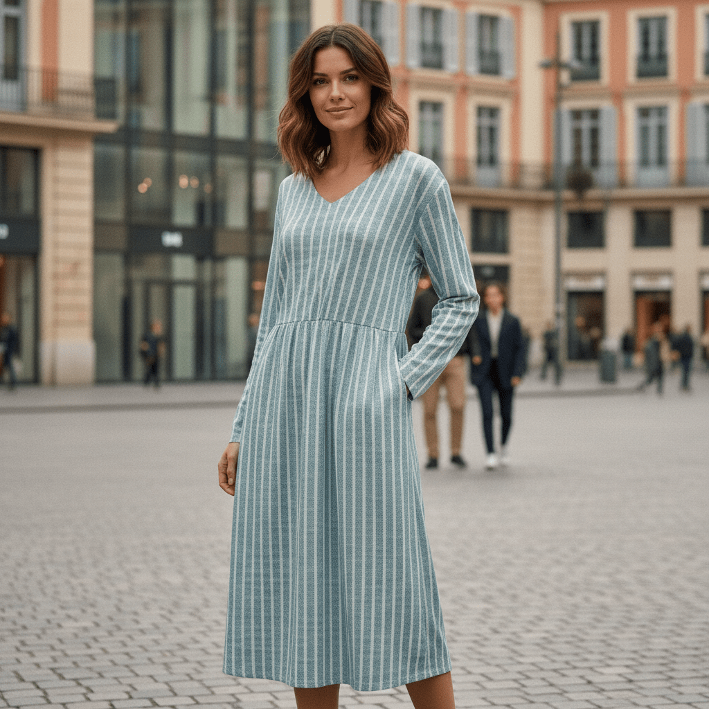 Women's Striped V-Neck Midi Dress