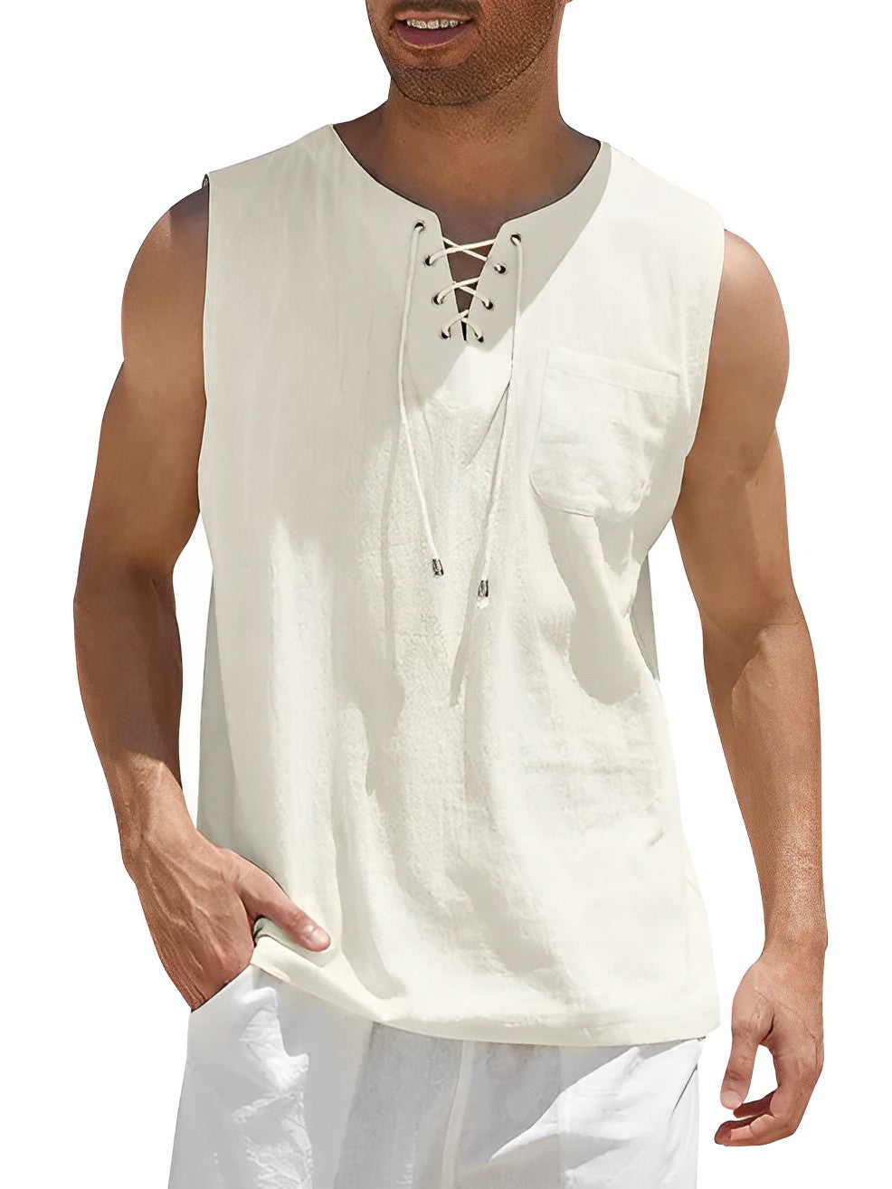 Lace-Up Tank Top with Chest Pocket