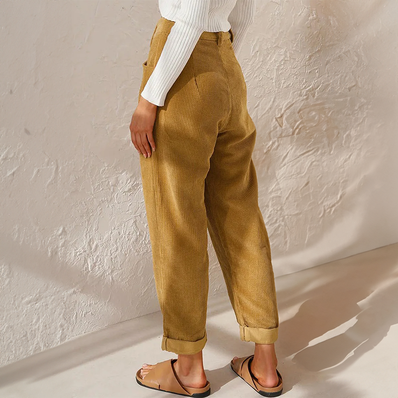 Corduroy Trousers with Pleated Front and Cuffed Hem