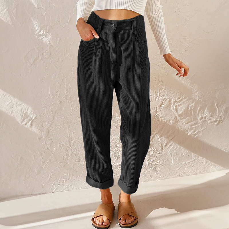 Corduroy Trousers with Pleated Front and Cuffed Hem