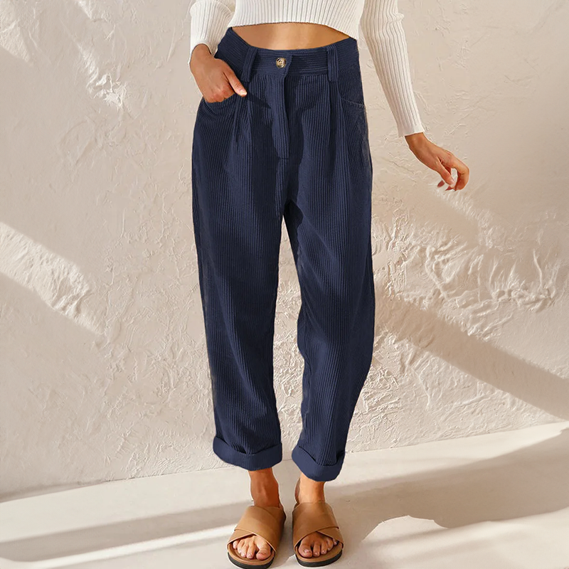 Corduroy Trousers with Pleated Front and Cuffed Hem