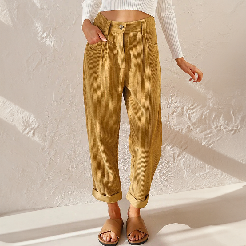 Corduroy Trousers with Pleated Front and Cuffed Hem