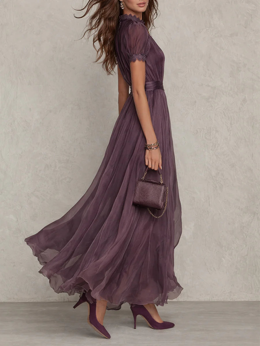 Women's Lace Trim Short Sleeve Maxi Dress