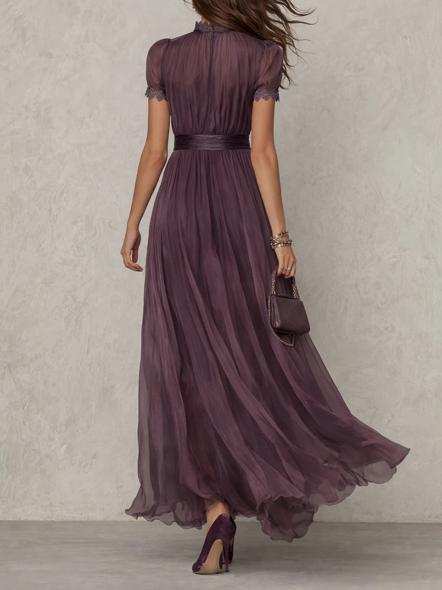 Women's Lace Trim Short Sleeve Maxi Dress