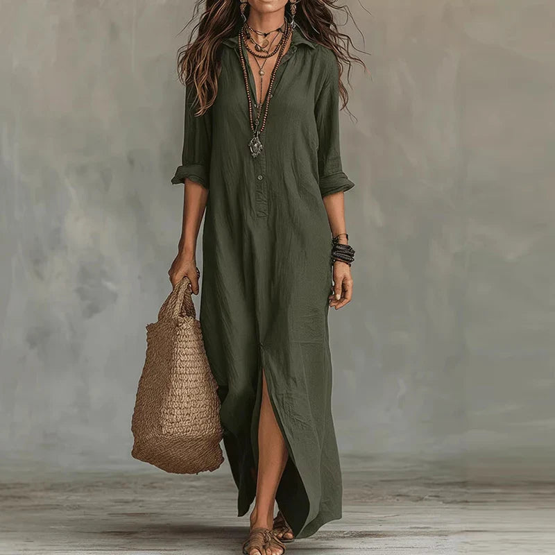 Maxi Shirt Dress with Side Slit and Collar