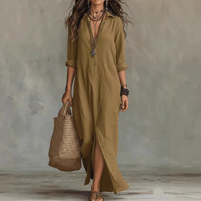 Maxi Shirt Dress with Side Slit and Collar