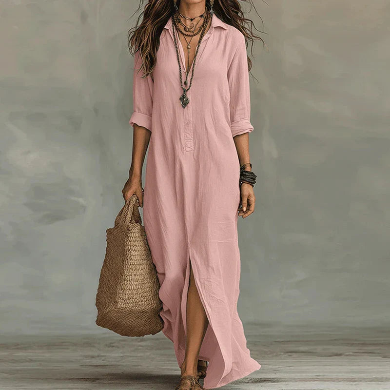 Maxi Shirt Dress with Side Slit and Collar