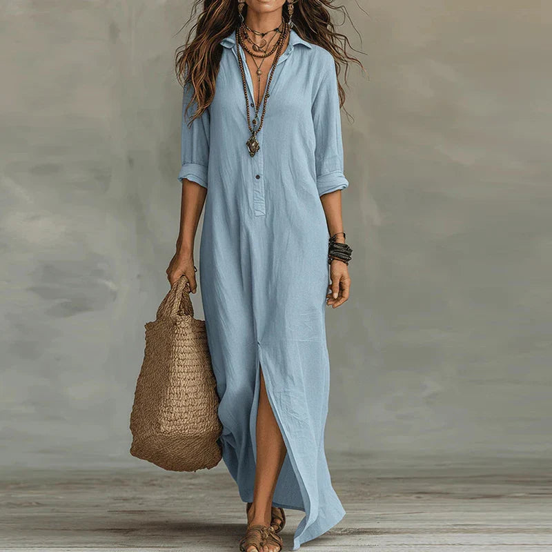 Maxi Shirt Dress with Side Slit and Collar