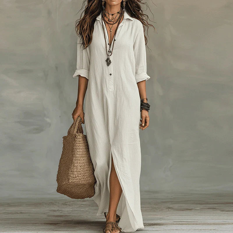 Maxi Shirt Dress with Side Slit and Collar