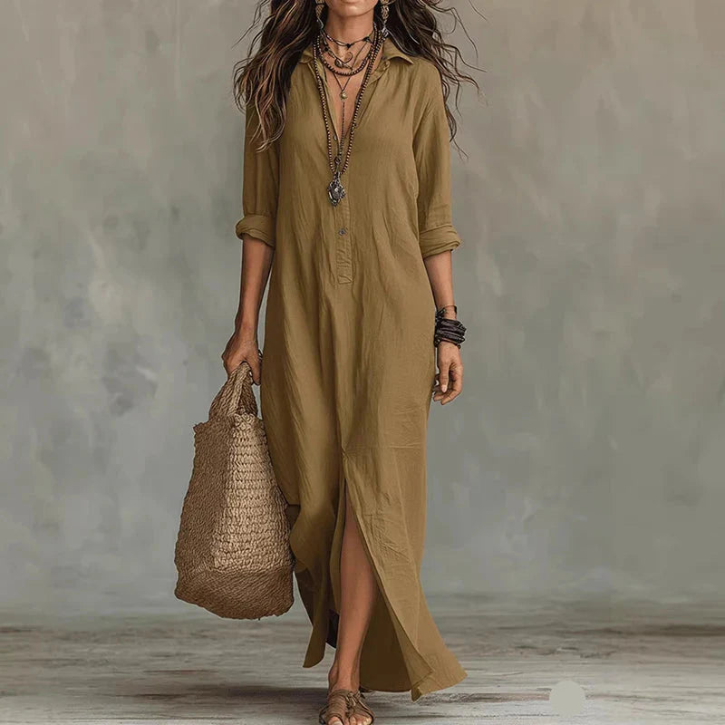 Maxi Shirt Dress with Side Slit and Collar