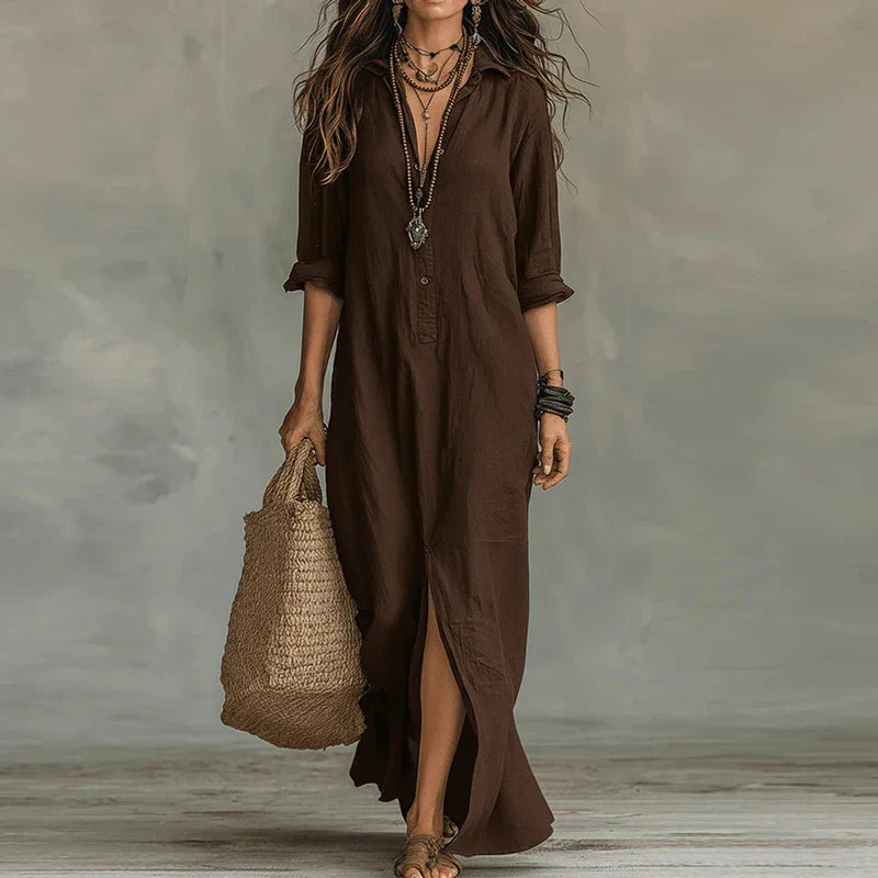 Maxi Shirt Dress with Side Slit and Collar