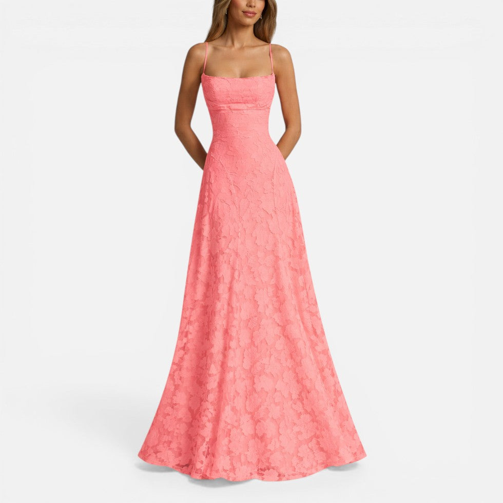 Women's Lace Maxi Evening Dress with Open Back