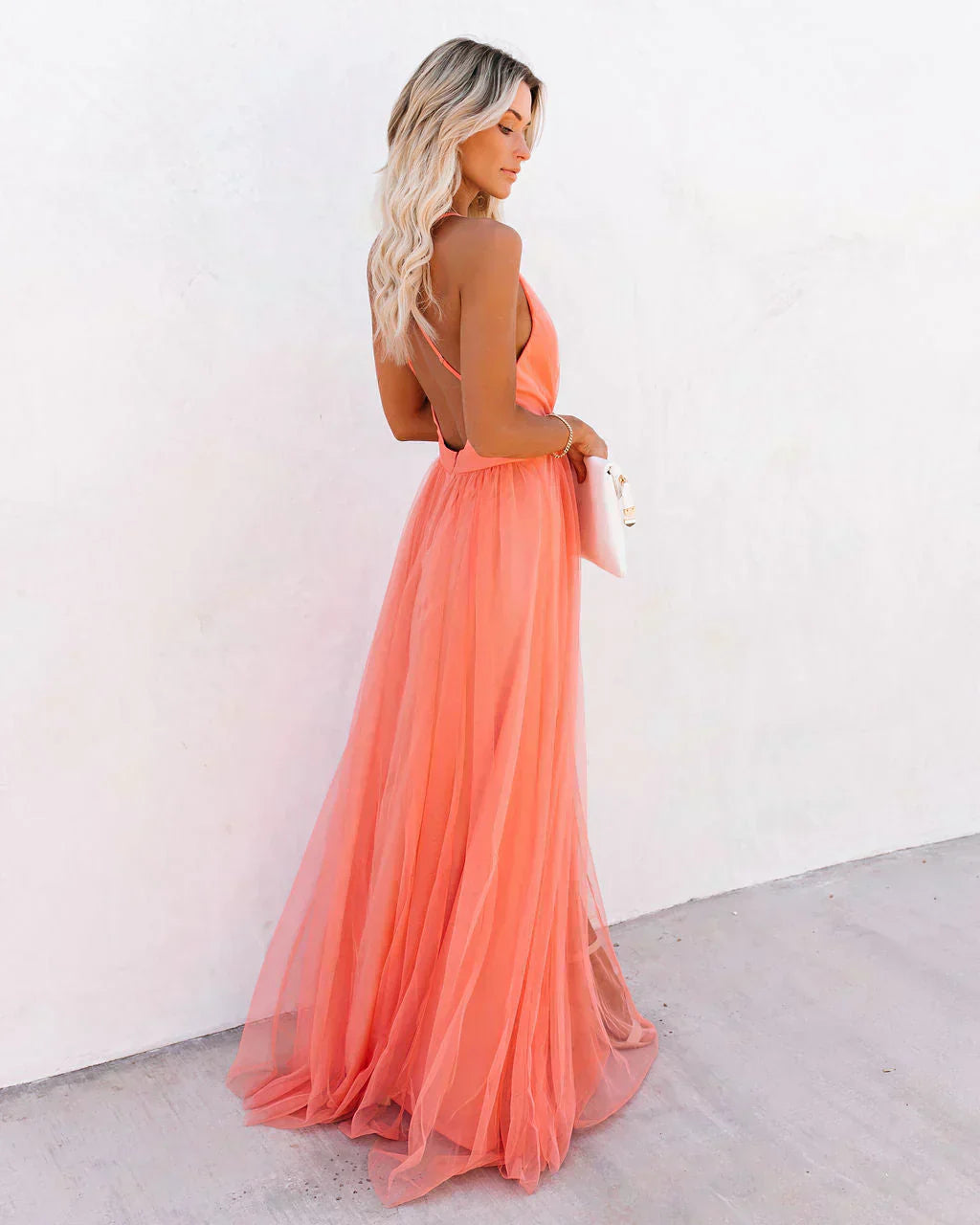 Women's Plunge Neck Tulle Maxi Dress with Cross-Back