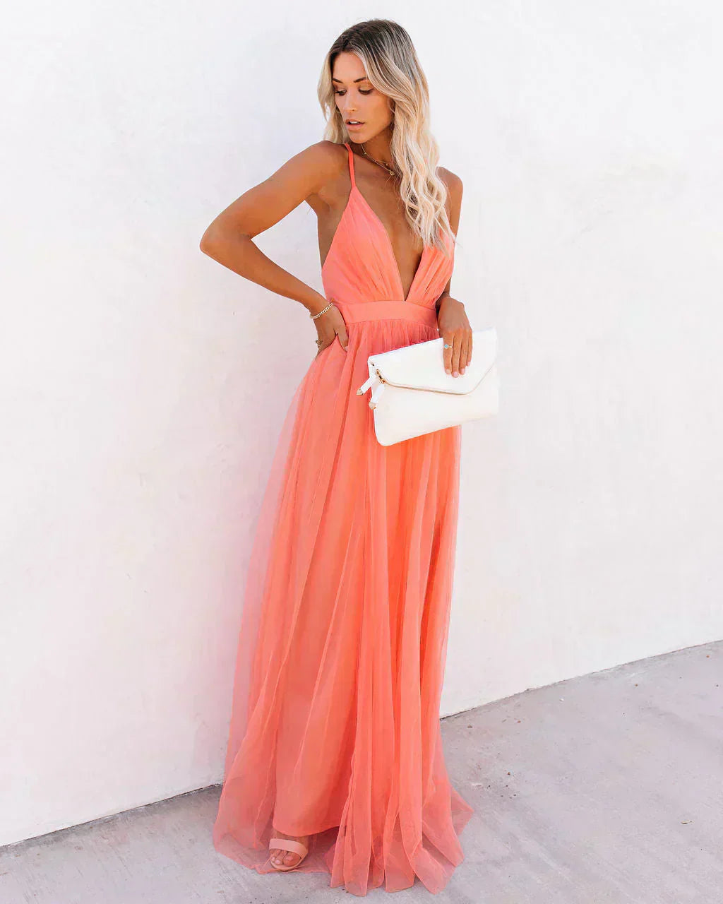 Women's Plunge Neck Tulle Maxi Dress with Cross-Back