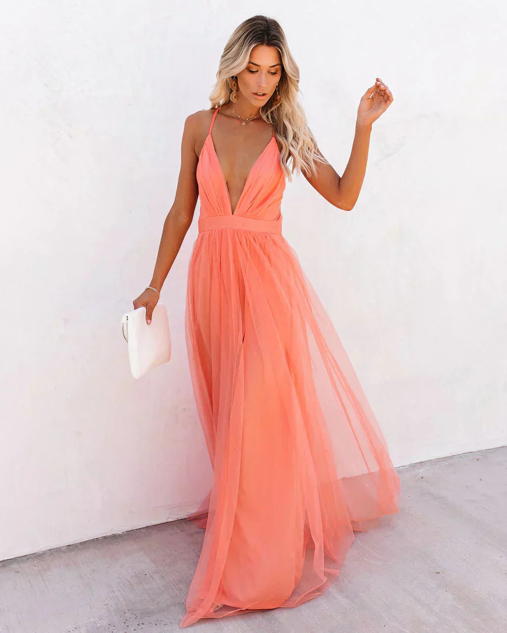 Women's Plunge Neck Tulle Maxi Dress with Cross-Back