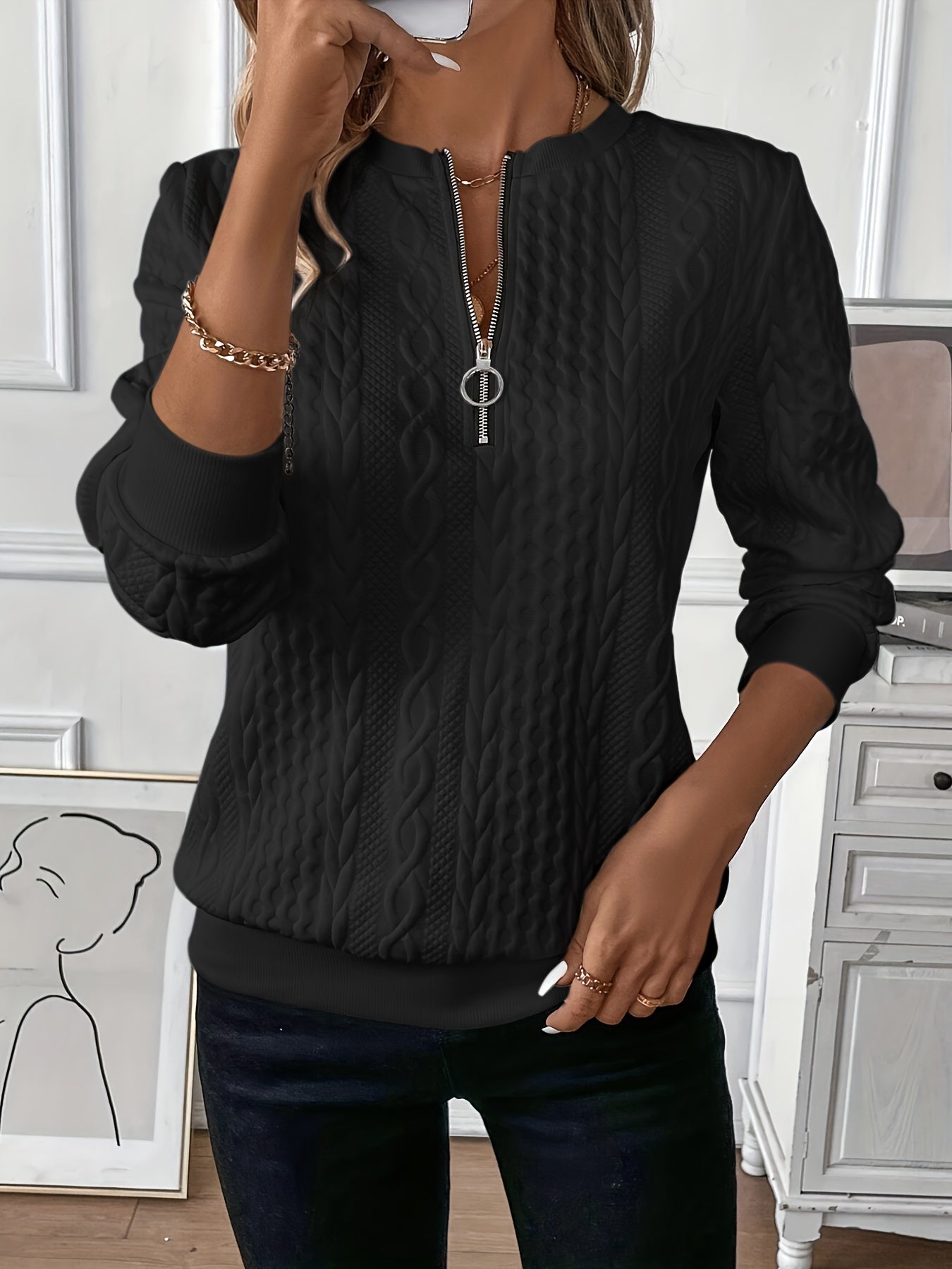 Women's Cable Knit Quarter Zip Pullover Sweatshirt