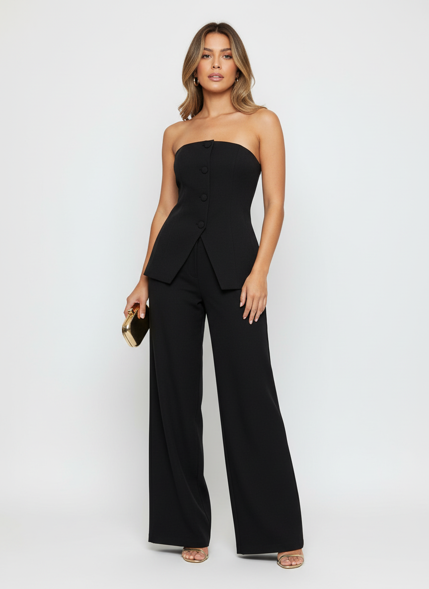 Women's Strapless Top & Wide Leg Trousers Set